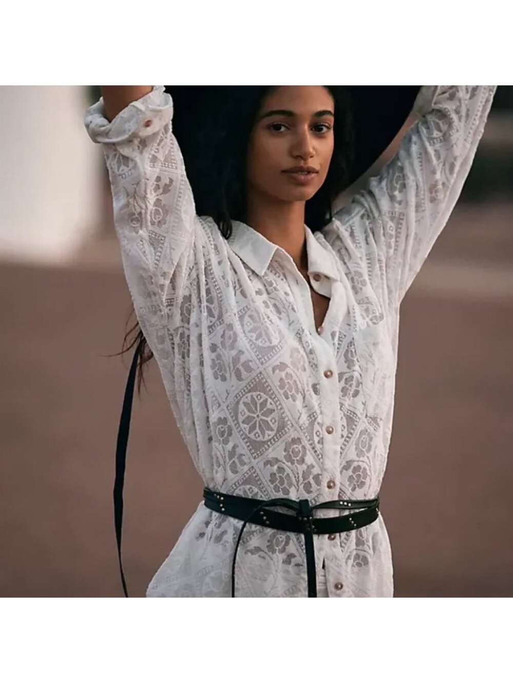 Anthropologie Pilcro Blouse Oversized Lace Button Up White Size XL